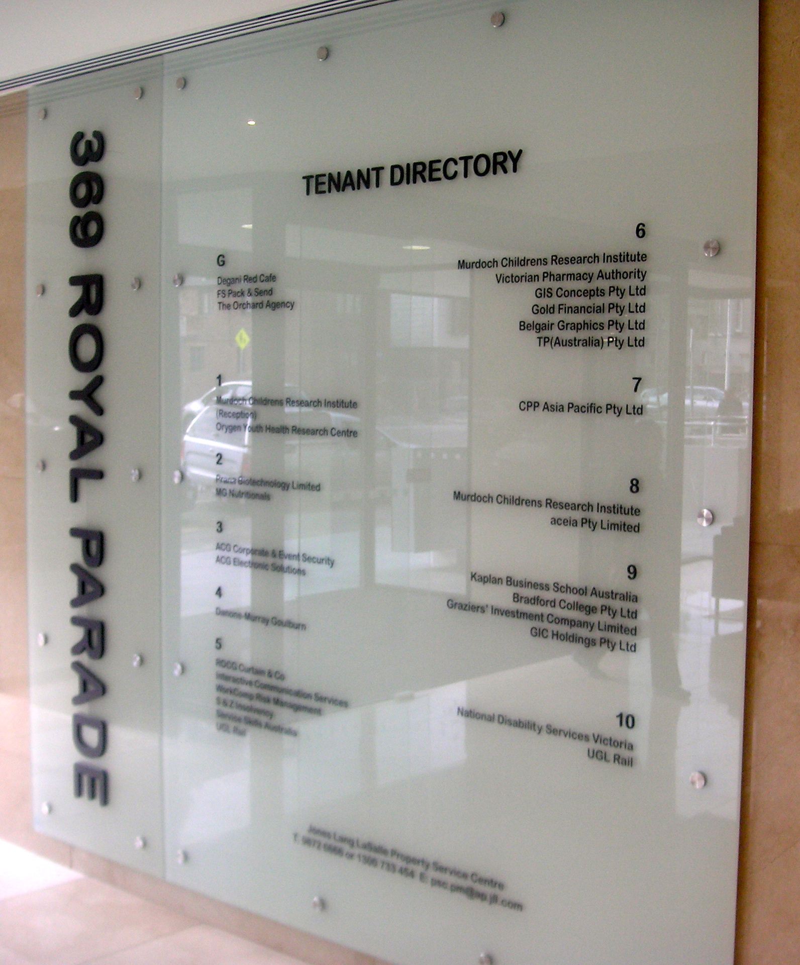 Lobby Directory Example Back Painted Glass With Dark Lettering Use Font From Exterior 19 X 27 Ideal Size Glass Signage Back Painted Glass Display Design